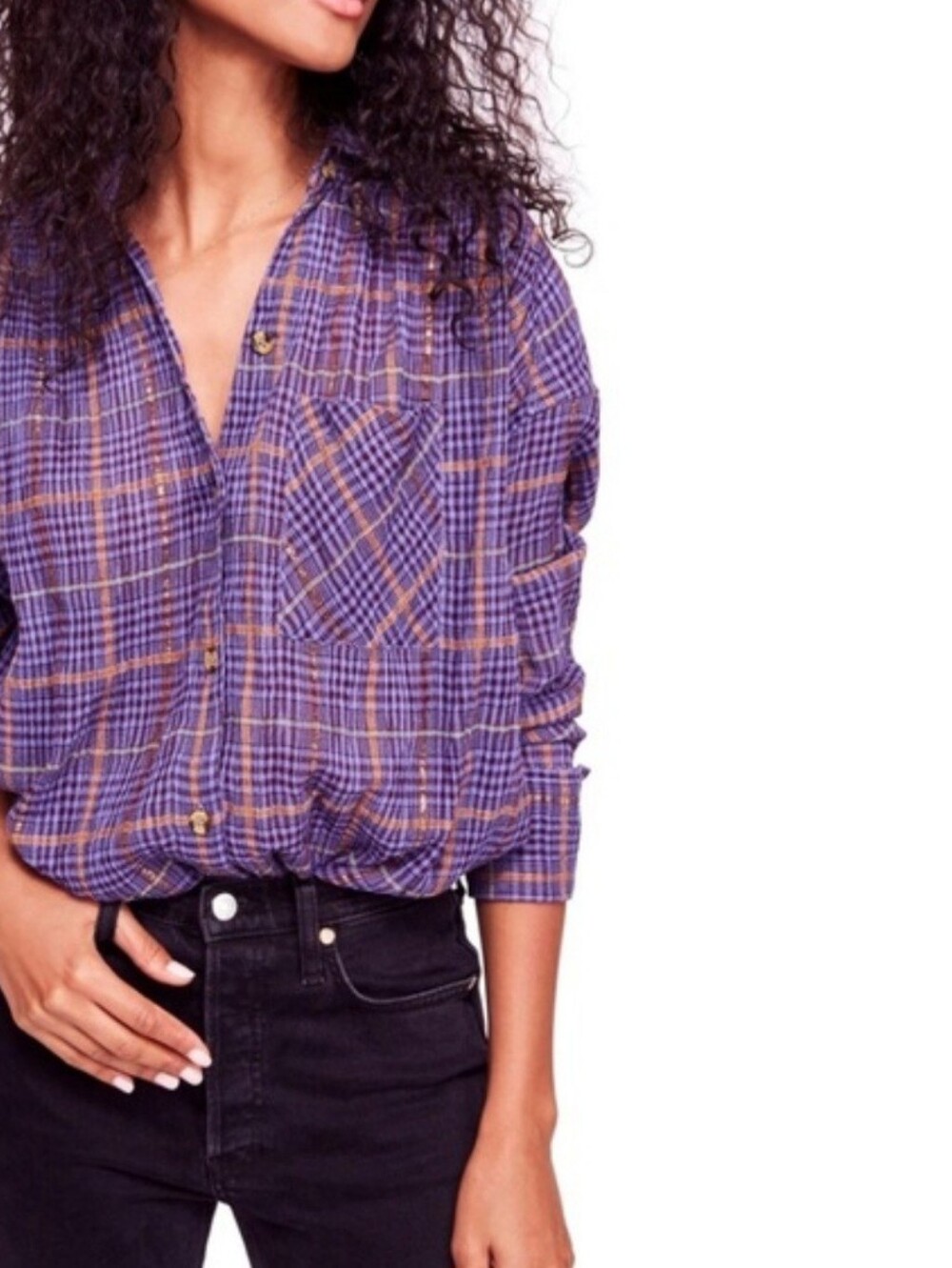 Free People Long Sleeve Button Front Shirt Medium Purple Metallic Plaid Boho